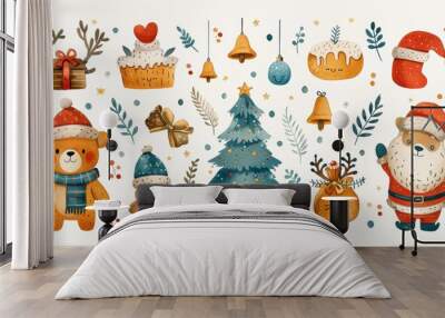 This graphic set consists of cute characters such as santa, christmas tree, bell, reindeer, bear, cake, gingerbread. Wall mural