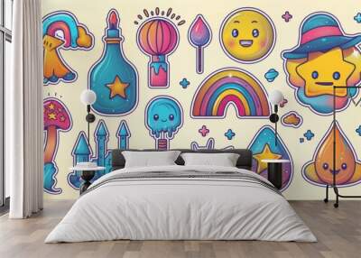 This groovy collection of cartoon characters, doodle smile faces, flowers, castles, rainbows, hearts, basketballs, bottles is a cute retro groovy hippie design suitable for decorative uses. Wall mural