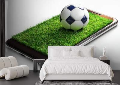 This illustration features a soccer field and ball on a smartphone screen in an unconventional way, reflecting the concept of online soccer betting and watching. Wall mural