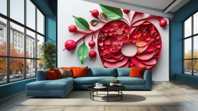 This is a realistic paper cut layered apple. Red fruit papercut silhouette on an isolated white background. Half slice with finished peel inside. Wall mural