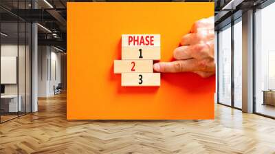 time to phase 2 symbol. concept word phase 1 2 3 on wooden block. businessman hand. beautiful orange Wall mural