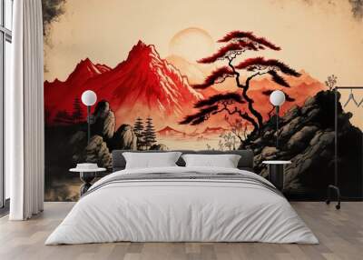 Traditional Chinese painting. Red landscape. Painting of hills, trees on textured paper. AI Wall mural