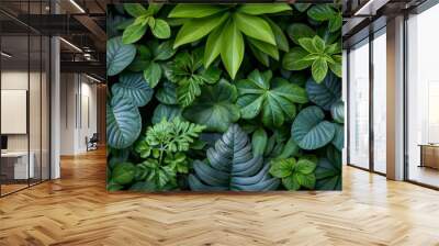 Tropical green plants on a living wall. Vertical garden. Wall mural