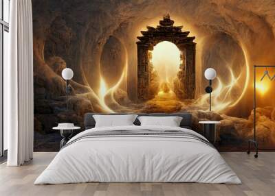 Two portals located opposite each other with magical symbols in a mountain cave. the first portal with a bright yellow glow and the second portal with a blue glow. 3d render, Wall mural