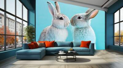 two white rabbits on a blue background Generative AI Wall mural