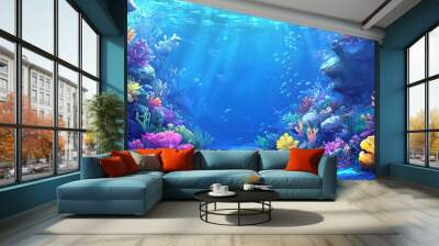 Underwater coral reef scene in deep blue sea with colorful angle and marine life Wall mural