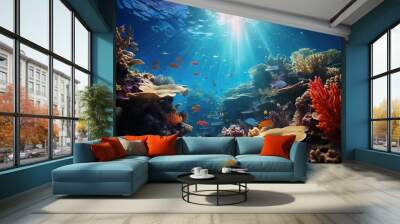 Underwater scene with sunlight, colorful fish, and coral reefs. Wall mural