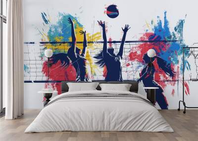 vector girls playing volleyball .Generative AI Wall mural