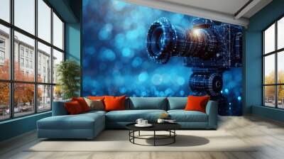 Video camera concept. Cinema mesh spheres from flying debris. Thin line concept. Blue structure style illustration. Wall mural