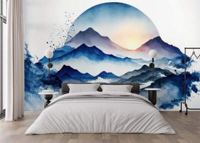 Watercolor texture of waves of clouds in the form of a brush stroke in Japanese oriental style. AI Wall mural