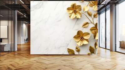 White background with gold leaf design and flowers Wall mural