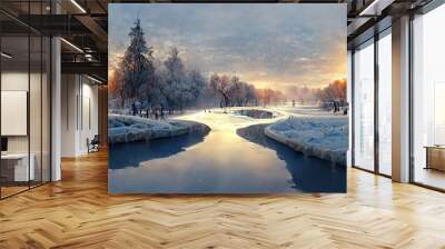 Winter snowy park. Frosty sunset. 3D illustration. Wall mural