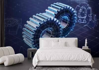 Wireframe illustration of a gear on a dark blue background. Mechanical technology machine engineering symbol. Project development, engine work, business plan illustration. Wall mural