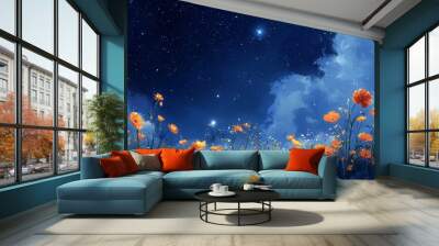 With a shining star in the center of a field of wildflowers under a starry night sky Wall mural