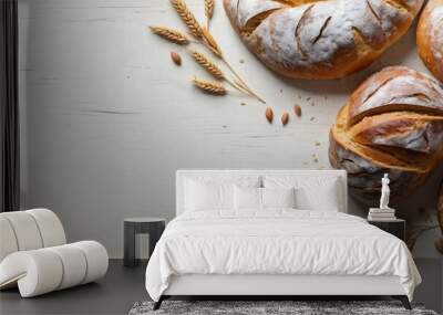 Bread bakery background top food view fresh white wheat loaf. Background food flour bakery top bread slice pastry brown breakfast bake organic cut table french grain baguette board wood whole wooden.  Wall mural