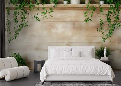 Living room interior with composition of beautiful plants in different hipster and design pots on the green shelf. Green wood wall.  Wall mural