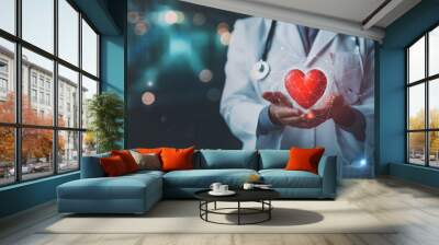 medicine doctor holding red heart hape in hand world health day backgrounf Wall mural