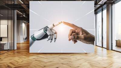 Robot and human hand touching their index finger, gesture isolated on white background - Concept about tech innovation, machine learning progress and partnership with artificial intelligence  Wall mural