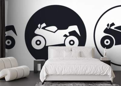 Motorbike icon black and white silhouette on dark and light circle background. Abstract motorcycle, flat style. Vector sign or button for web design, transport service or bike show and race logo. Wall mural