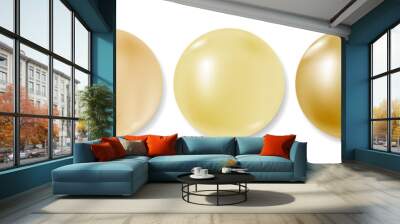 Realistic gold balls collection isolated on white. 3D sphere set, different shades from light beige to dark yellow. Vector clipart, jewelry pearl gem, plastic or metal beads with natural reflection. Wall mural