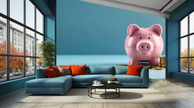 Smiling pink pig piggy bank next to a stack of gold coins, isolated on blue background. Investment success, savings concept Wall mural