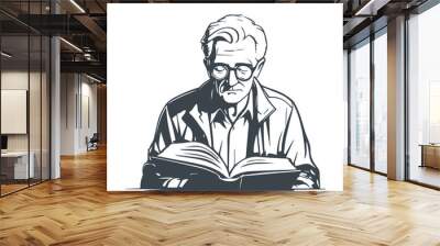 Conceptual Ink Drawing Illustration of an Old Man Reading Book. Wall mural