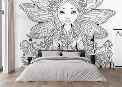 Coloring page. Art therapy for children and adults. Cute fairy-tale character with dragonfly wings. Wall mural