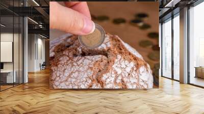 The hand puts the euro coin in the bread like in a money box. Economy, investment in food. food crisis. Agriculture. Agronomy. Bread production. Bakery. Business Wall mural