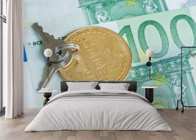 Bitcoin, keys and 100 euro banknotes Wall mural