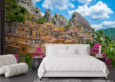 Panoramic view of Castelmezzano, province of Potenza, in the southern Italian region of Basilicata. Wall mural