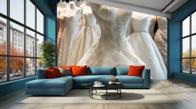 Close-up of a stunning wedding gown displayed on a mannequin in a boutique Wall mural