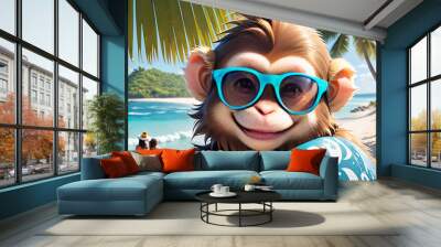 Funny animal summer holiday vacation photography banner background - Closeup of smiling laughing monkey with sunglasses, chilling relaxing at the tropical ocean beach  Wall mural