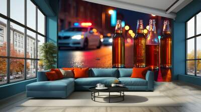 Glass bottles of alcohol drinks on the road, police car with lights on the city street at night. Dangerous collision, driving disaster, transportation incident or drunk man crime. Anger,violence,fight Wall mural