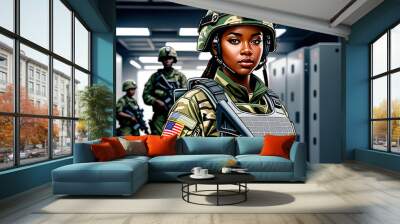 Young black woman wearing military uniform including camouflage fatigues and a helmet. She is ready for war to protect and serve her country, Wall mural