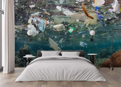 Plastic bags, bottles, and wrappers drift over a coral reef in Indonesia. Over 14 million tons of plastic go into the ocean ever year, causing major problems for marine species. Wall mural