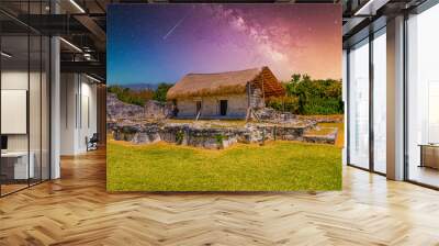 Ancient ruins of Maya in El Rey Archaeological Zone near Cancun, Yukatan, Mexico with Milky Way Galaxy stars night sky Wall mural