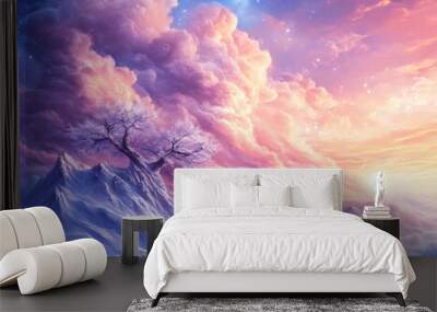 A beautiful painting of a mountain range with a tree in the foreground. The sky is filled with clouds and the sun is setting, creating a serene and peaceful atmosphere Wall mural