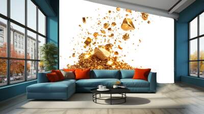 A pile of gold rocks is scattered across a white background. Concept of chaos and destruction, as the rocks are flying in all directions. The gold color of the rocks adds a sense of luxury Wall mural