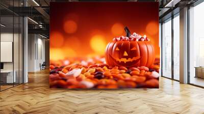 A pumpkin with a scary face is surrounded by a pile of candy. The pumpkin is the main focus of the image, and the candy adds a festive touch to the scene. The combination of the pumpkin Wall mural