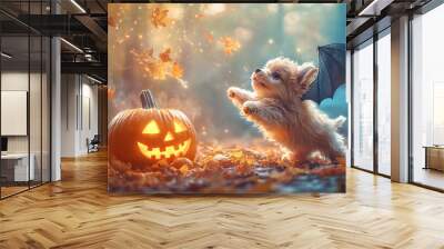 A small dog is playing with a pumpkin in a forest. The pumpkin has a scary face with a glowing light. Wall mural