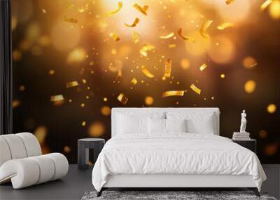 A vivid depiction of golden confetti falling gracefully in a sparkling background symbolizing joy and celebration in a festive setting Wall mural