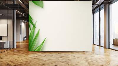 A white background with a cup of coffee and a leafy green plant. The coffee cup is placed on the right side of the image, and the plant is on the left side. Concept of relaxation and calmness Wall mural