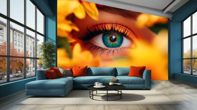 A woman's eye is surrounded by yellow flowers, with a blue eye shadow on it. The eye is the main focus of the image, and the flowers are used to create a sense of depth and texture Wall mural