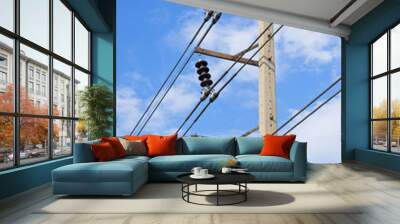 High electricity post and cable line with blue sky Wall mural