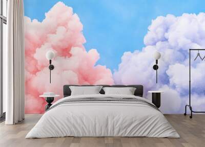 Two clouds of pink and purple smoke in the sky. The pink cloud is on the left and the purple cloud is on the right Wall mural