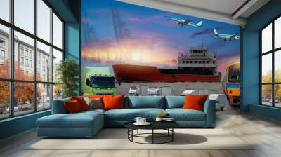 cargo plane flying above container dock and ship port use for transportation and freight logistic industry business Wall mural