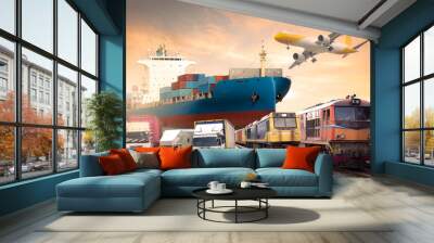 cargo plane flying above container dock and ship port use for transportation and freight logistic industry business Wall mural