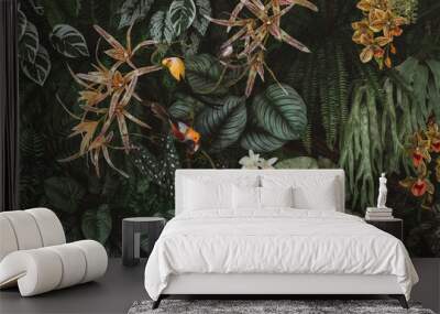 Group background of dark green tropical leaves ( monstera, palm, coconut leaf, fern, palm leaf,bananaleaf) Panorama background. concept of natu Wall mural