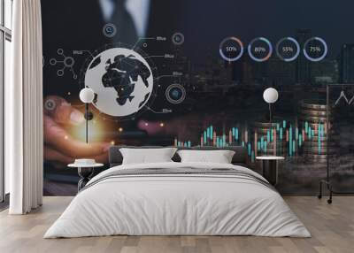 Innovative global technology and finance business people. Mixed media. Wall mural