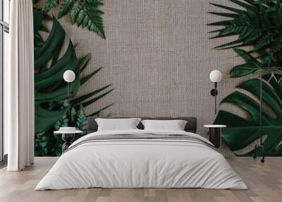 lay out the creative frame of a tropical flat nature. place monstera coconut adn fern on the wood wh Wall mural